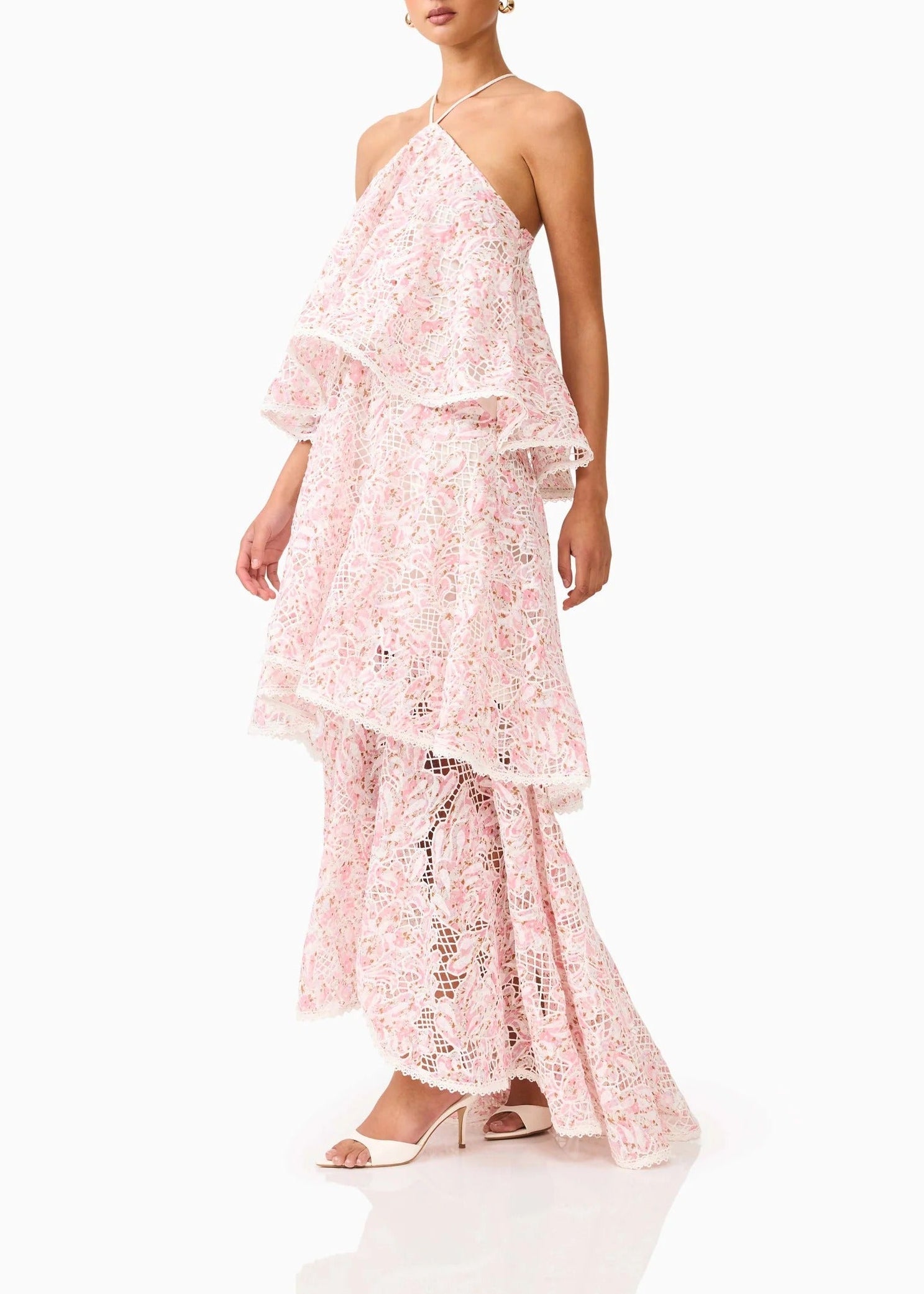 Dervian Pink Halterneck Lace Maxi Dress