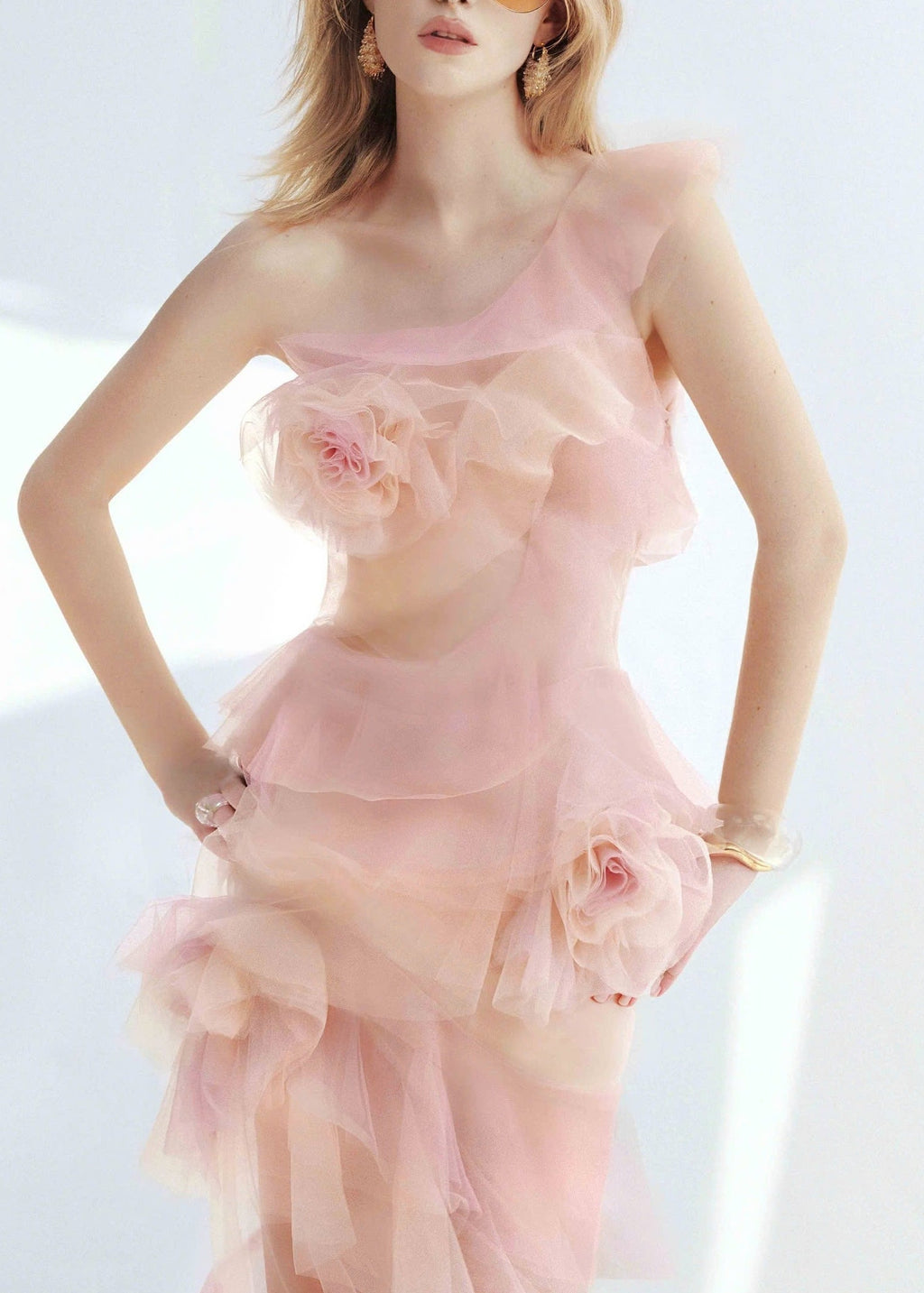 Frymet Floral-Embellished Ombré Pink Ruffled Maxi Dress