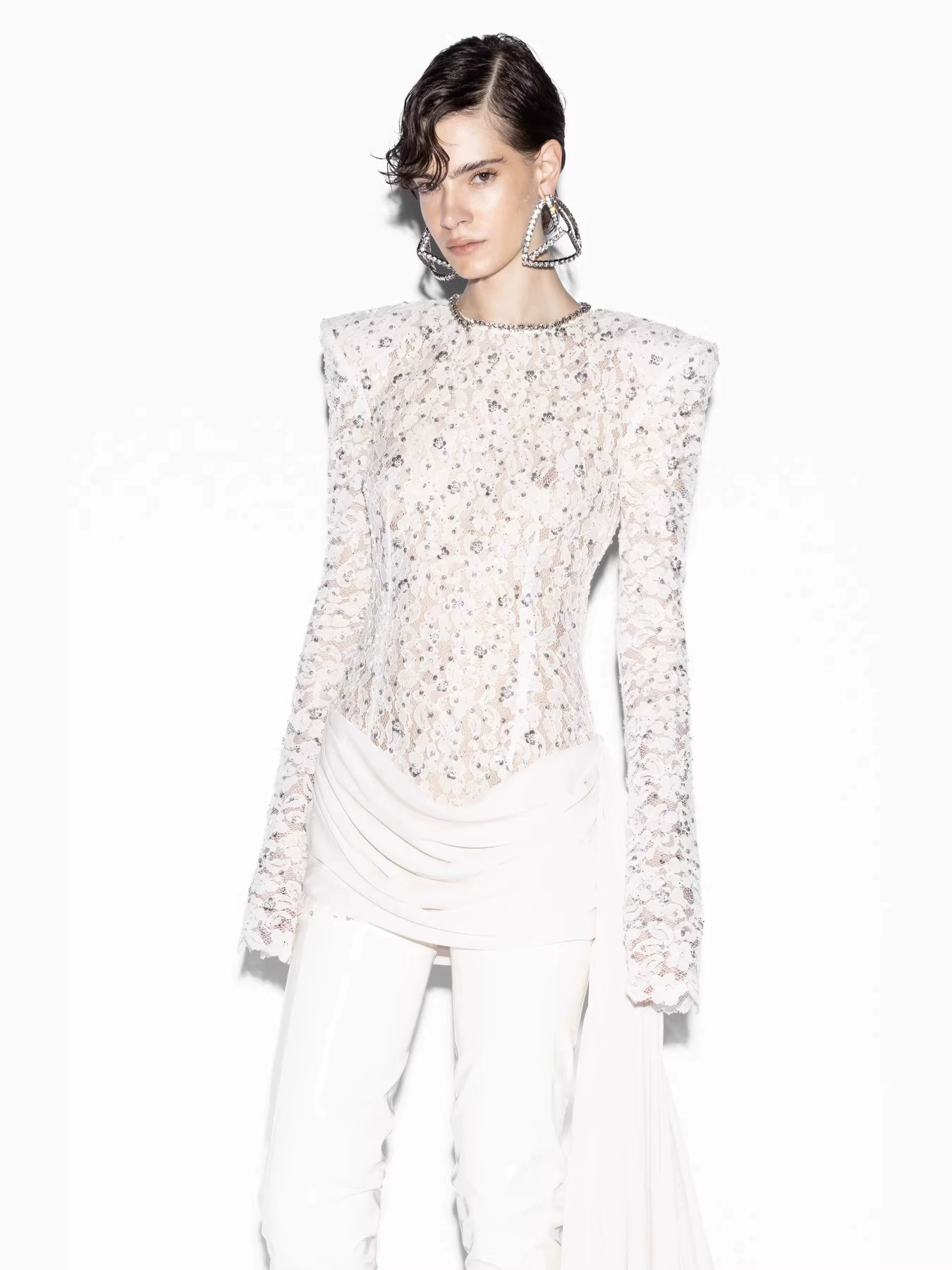Jyrithia Long Sleeve Draped Sequin Lace Mini Dress In White