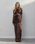 Ramesh Long Sleeve Mesh Insert Draped Maxi Dress In Brown