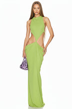 Kalynt Backless Cutout Draped Maxi Dress In Chartreuse