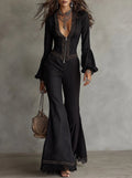 Bohemian Black Lace Trim Jumpsuit With Deep V-Neck, Front Zipper & Bell Sleeves