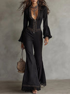 Bohemian Black Lace Trim Jumpsuit With Deep V-Neck, Front Zipper & Bell Sleeves