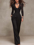 Gothic Lace Long Sleeve Jumpsuit With Corset Bodice & Scalloped Neckline – Elegant Wide Leg Evening Romper