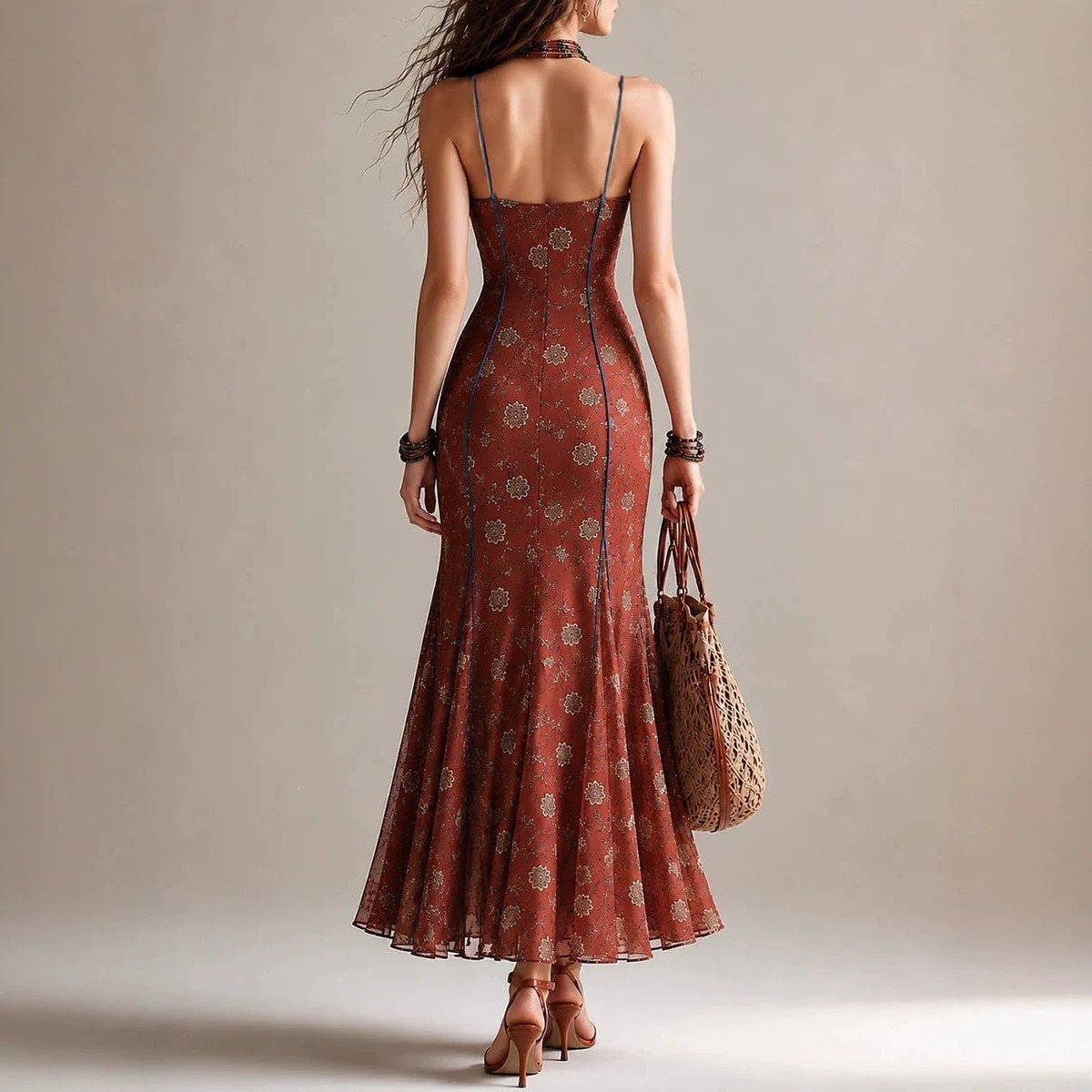 Bohemian Rust Floral Print Spliced Mesh Maxi Dress With Contrast Piping & High Slit – Vintage Summer Beach Gown