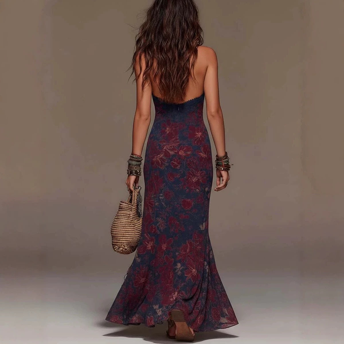 Bohemian Halter Neck Floral Print Maxi Dress With Lace Trim & Deep V-Neck – Retro Summer Beach Evening Gown
