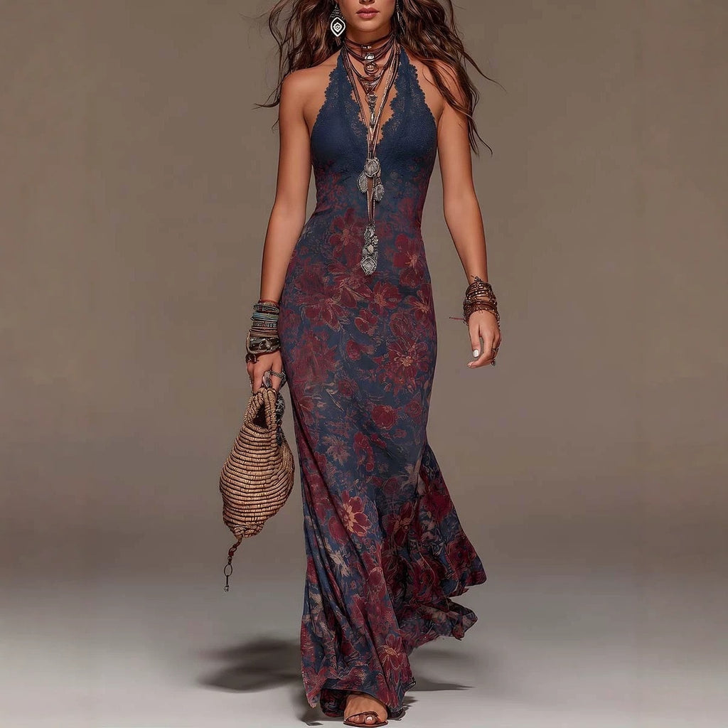 Bohemian Halter Neck Floral Print Maxi Dress With Lace Trim & Deep V-Neck – Retro Summer Beach Evening Gown