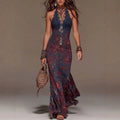 Bohemian Halter Neck Floral Print Maxi Dress With Lace Trim & Deep V-Neck – Retro Summer Beach Evening Gown