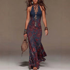 Bohemian Halter Neck Floral Print Maxi Dress With Lace Trim & Deep V-Neck – Retro Summer Beach Evening Gown