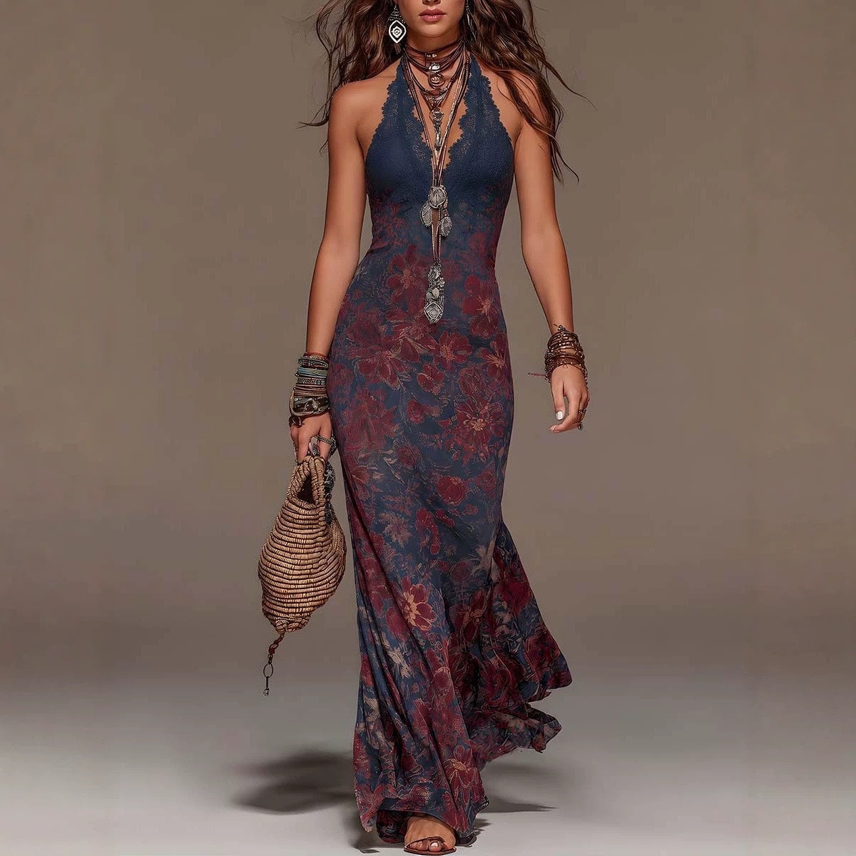 Bohemian Halter Neck Floral Print Maxi Dress With Lace Trim & Deep V-Neck – Retro Summer Beach Evening Gown