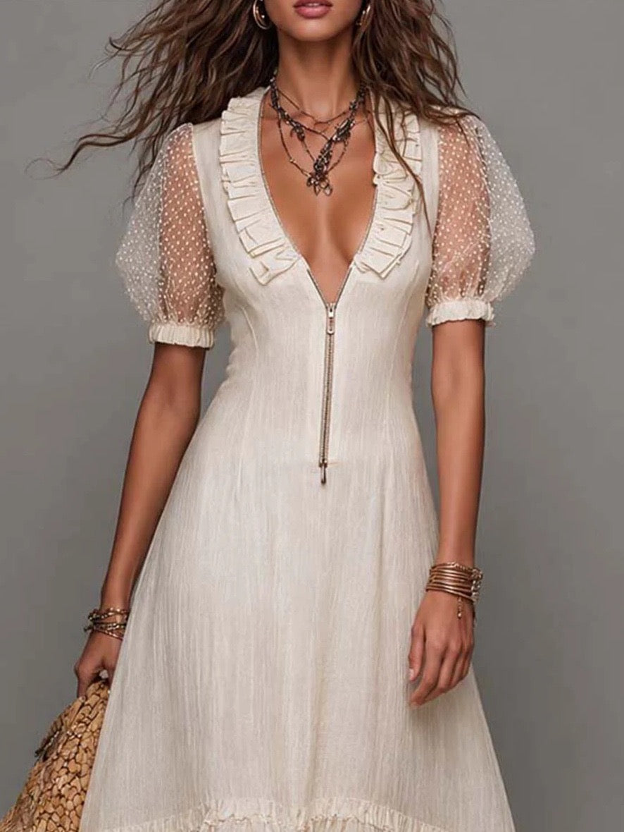 Boho White Textured Ruffle Hem Midi Dress With Puff Sleeves & Front Zip