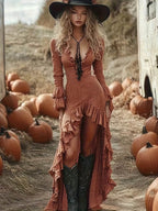 Bohemian Ruffle Trim Long Sleeve Maxi Dress With Deep V-Neck & Asymmetric Hem – Retro Autumn Festival Gown