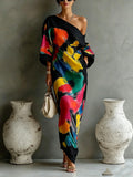 Abstract Stroke Shoulder Dress 3/4 Sleeve