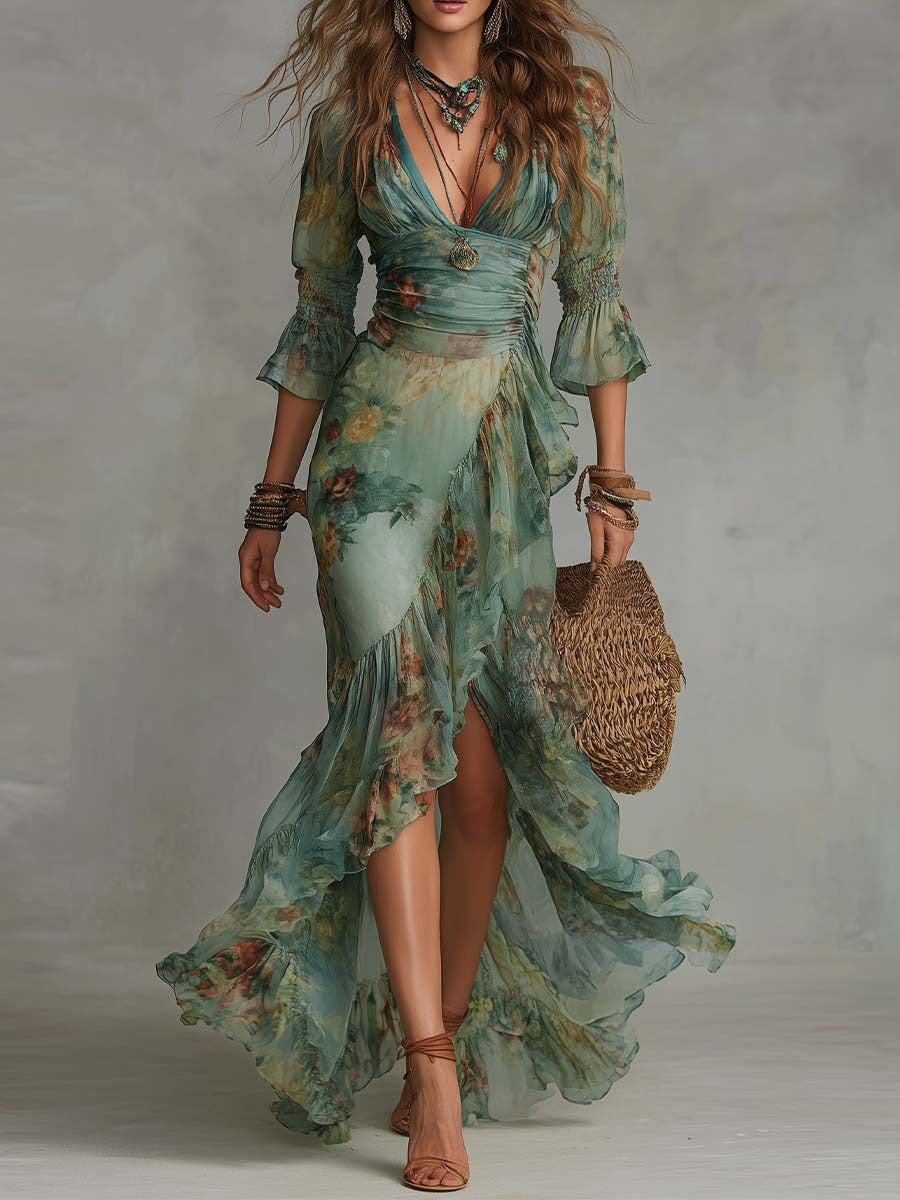 V-Neck Floral Printed Ruffled Hem Dress