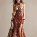 Bohemian Rust Floral Print Spliced Mesh Maxi Dress With Contrast Piping & High Slit – Vintage Summer Beach Gown