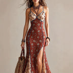 Bohemian Rust Floral Print Spliced Mesh Maxi Dress With Contrast Piping & High Slit – Vintage Summer Beach Gown
