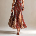 Bohemian Rust Floral Print Spliced Mesh Maxi Dress With Contrast Piping & High Slit – Vintage Summer Beach Gown