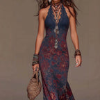 Bohemian Halter Neck Floral Print Maxi Dress With Lace Trim & Deep V-Neck – Retro Summer Beach Evening Gown