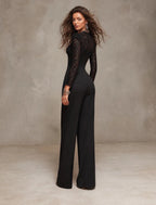 Gothic Lace Long Sleeve Jumpsuit With Corset Bodice & Scalloped Neckline – Elegant Wide Leg Evening Romper