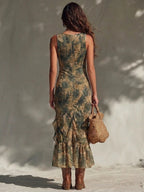 Tropical Print Ruffle Trim Midi Dress with Plunging V-Neck & High Slit – Boho Chic Summer Vacation Dress