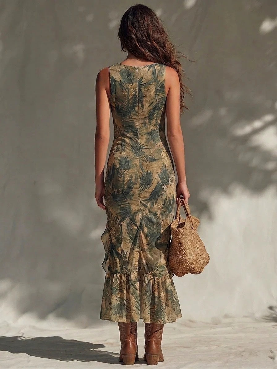 Tropical Print Ruffle Trim Midi Dress with Plunging V-Neck & High Slit – Boho Chic Summer Vacation Dress