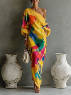 Abstract Stroke Shoulder Dress 3/4 Sleeve