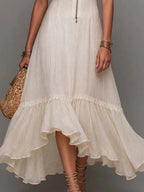 Boho White Textured Ruffle Hem Midi Dress With Puff Sleeves & Front Zip