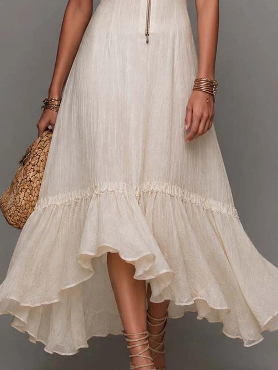 Boho White Textured Ruffle Hem Midi Dress With Puff Sleeves & Front Zip