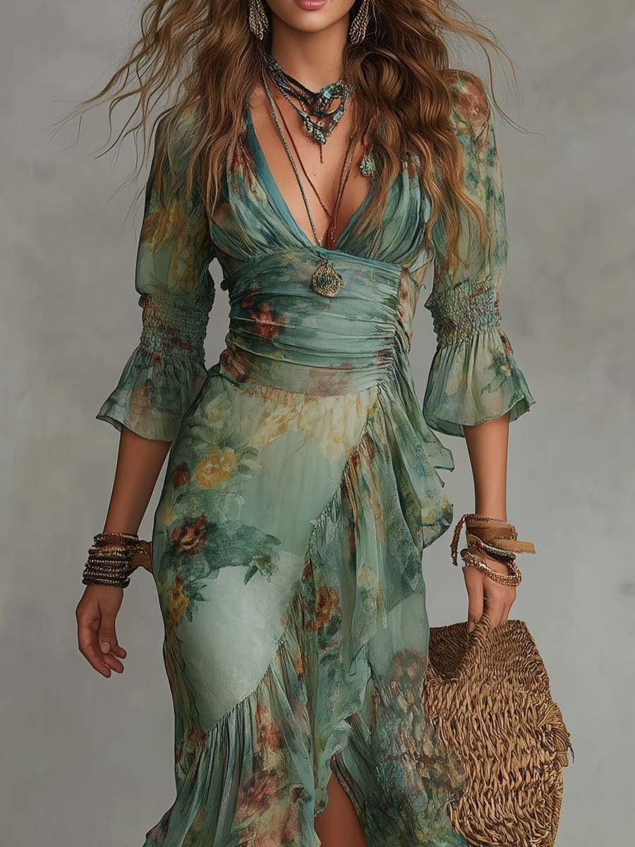 V-Neck Floral Printed Ruffled Hem Dress