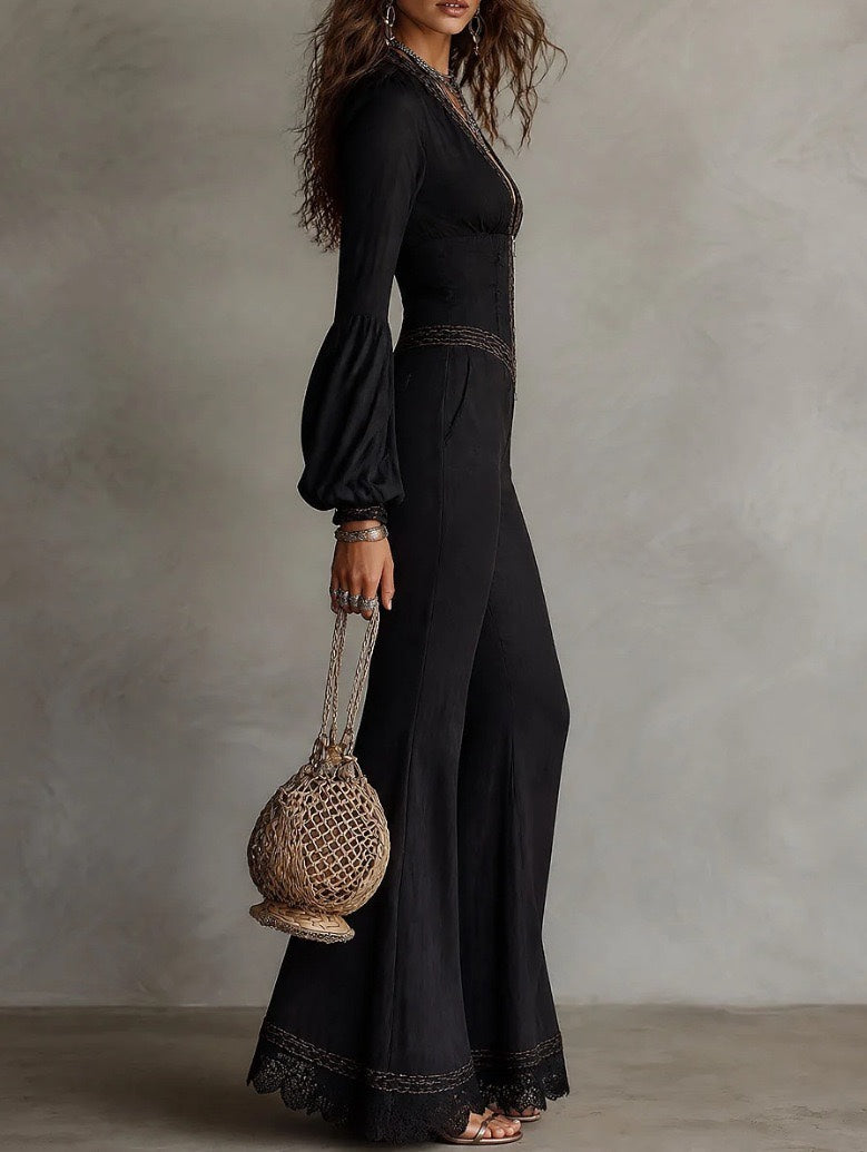 Bohemian Black Lace Trim Jumpsuit With Deep V-Neck, Front Zipper & Bell Sleeves