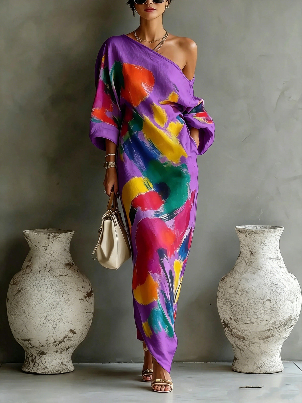 Abstract Stroke Shoulder Dress 3/4 Sleeve