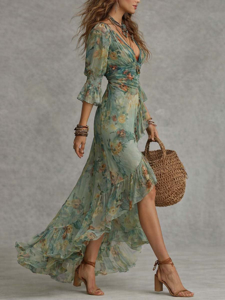 V-Neck Floral Printed Ruffled Hem Dress