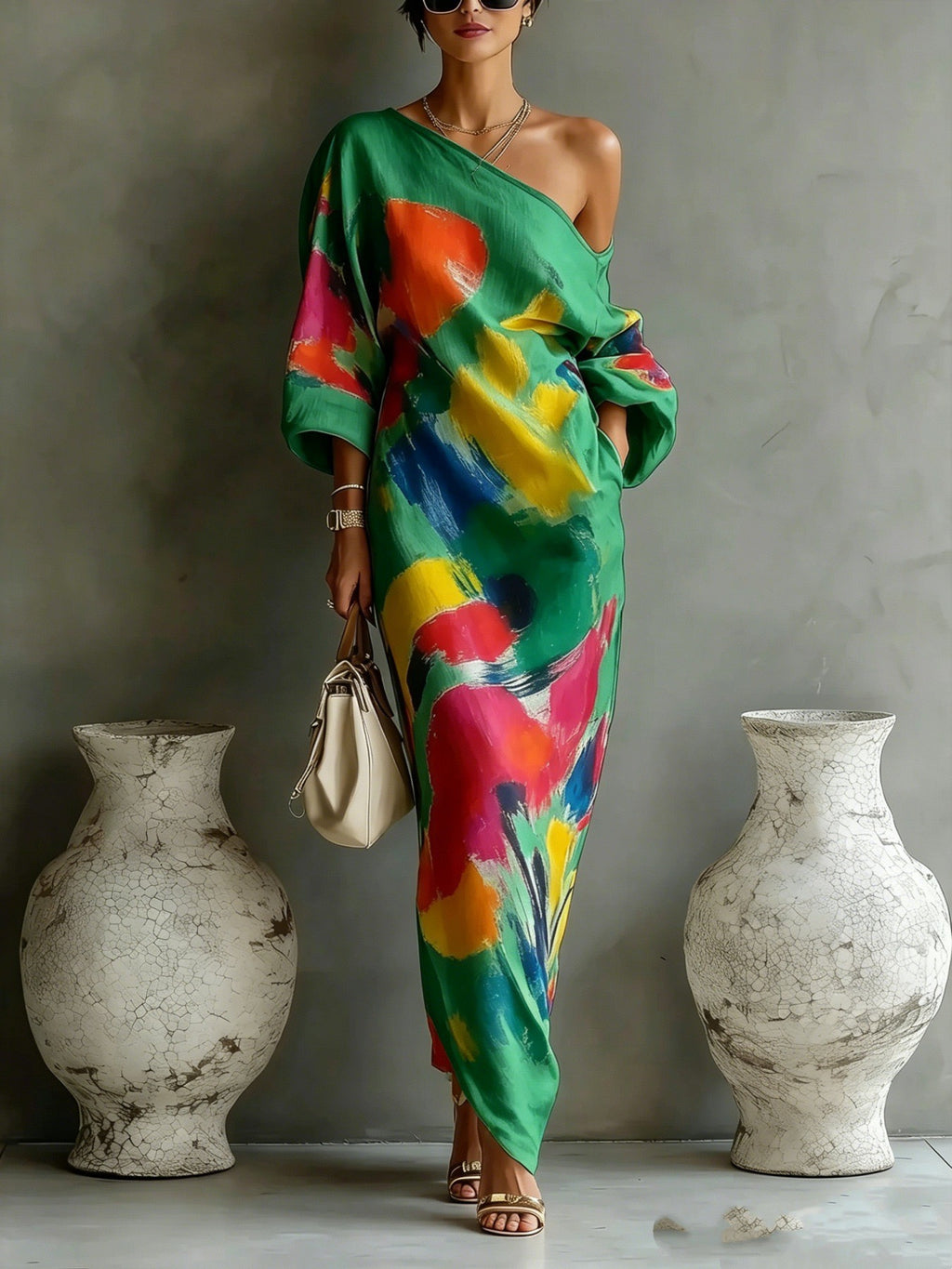 Abstract Stroke Shoulder Dress 3/4 Sleeve