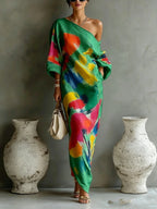 Abstract Stroke Shoulder Dress 3/4 Sleeve