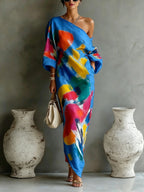 Abstract Stroke Shoulder Dress 3/4 Sleeve