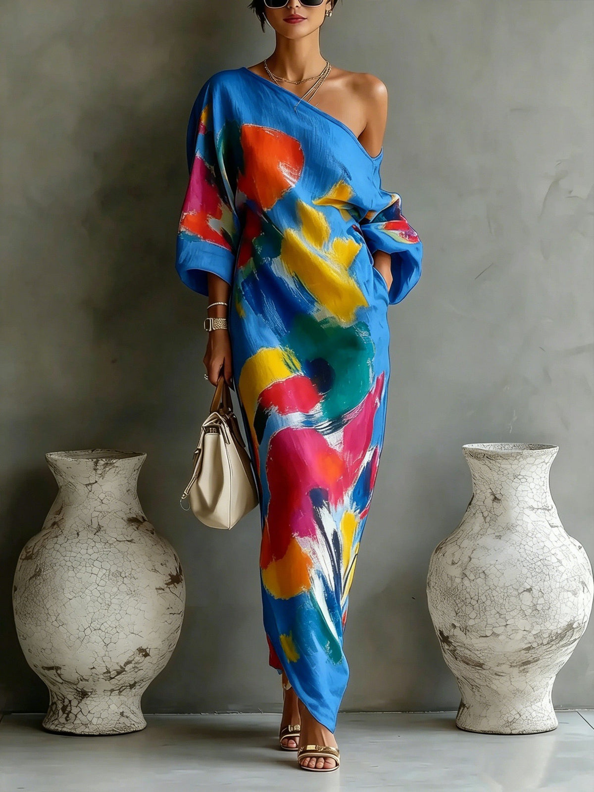 Abstract Stroke Shoulder Dress 3/4 Sleeve