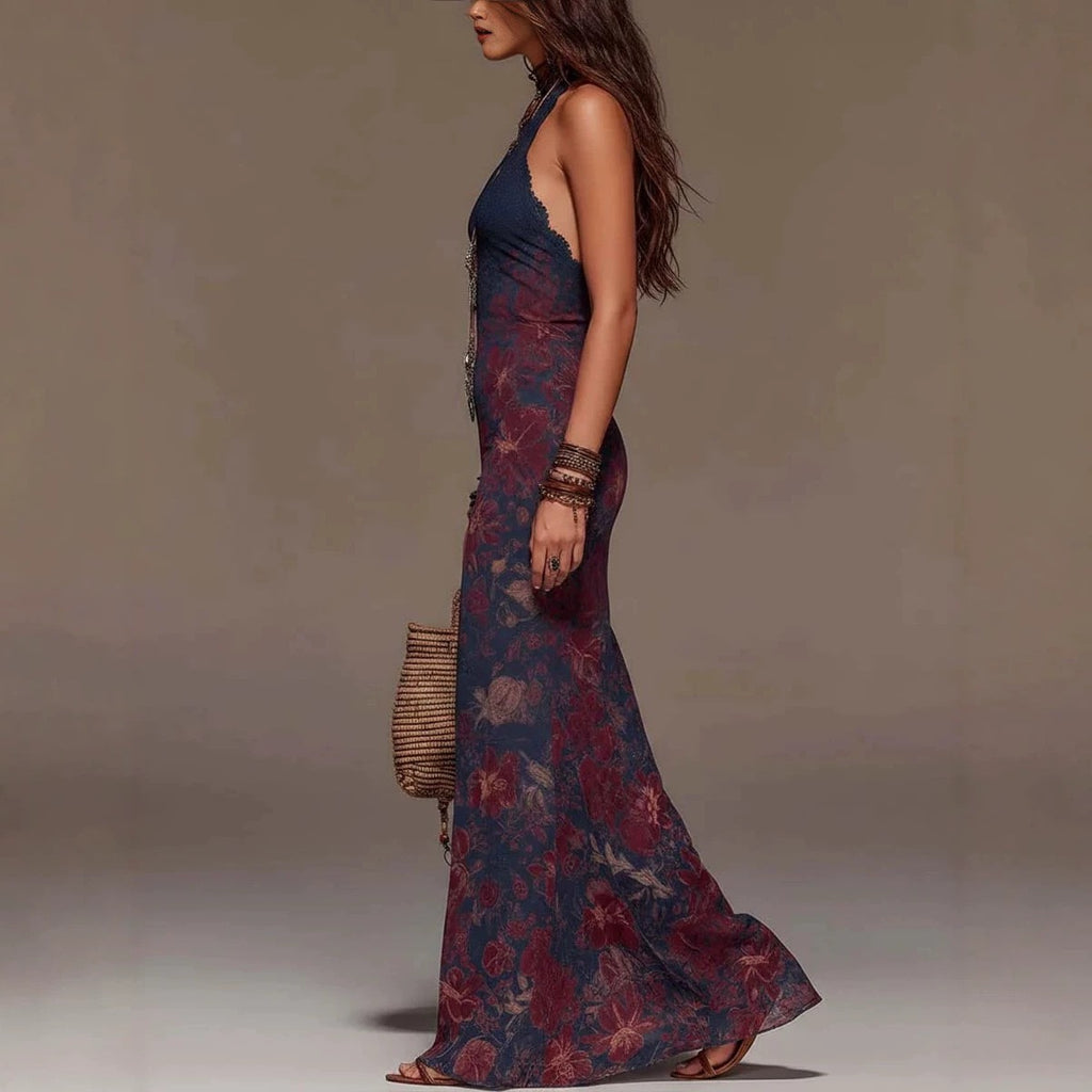 Bohemian Halter Neck Floral Print Maxi Dress With Lace Trim & Deep V-Neck – Retro Summer Beach Evening Gown