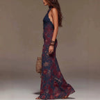 Bohemian Halter Neck Floral Print Maxi Dress With Lace Trim & Deep V-Neck – Retro Summer Beach Evening Gown