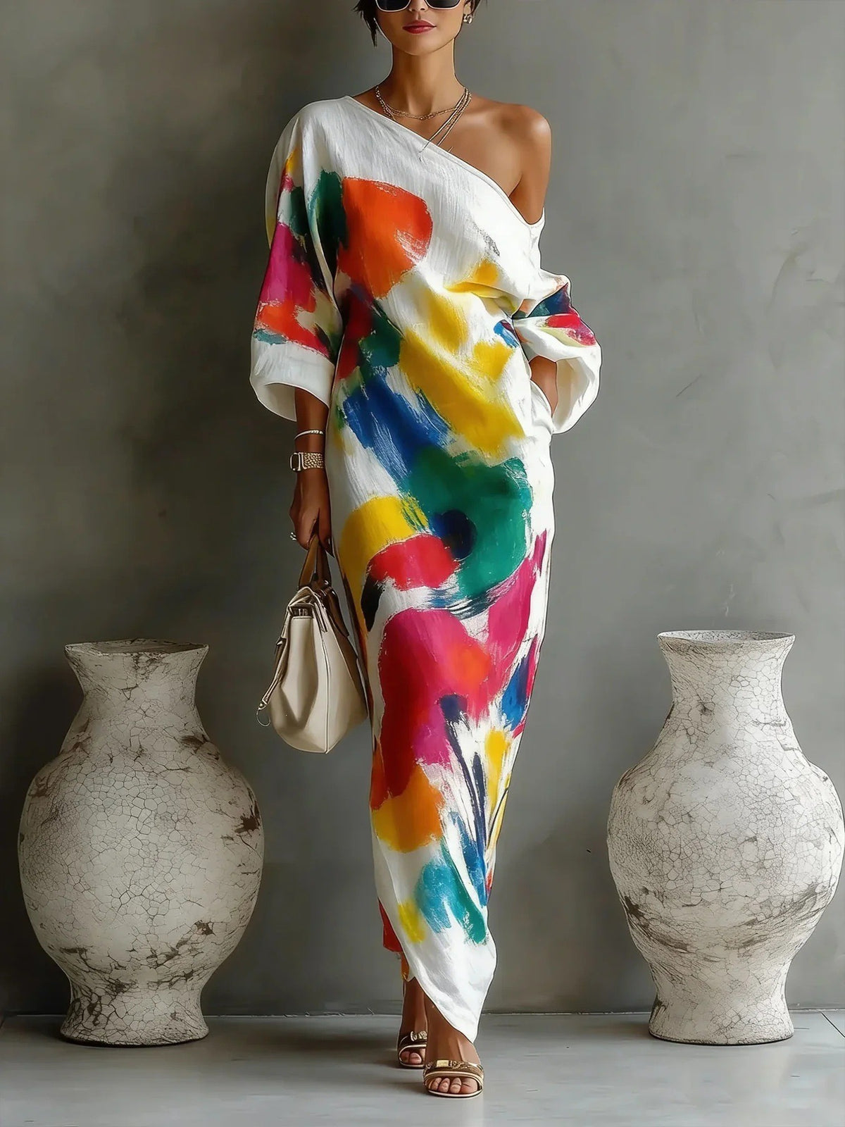 Abstract Stroke Shoulder Dress 3/4 Sleeve