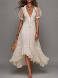 Boho White Textured Ruffle Hem Midi Dress With Puff Sleeves & Front Zip
