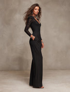 Gothic Lace Long Sleeve Jumpsuit With Corset Bodice & Scalloped Neckline – Elegant Wide Leg Evening Romper