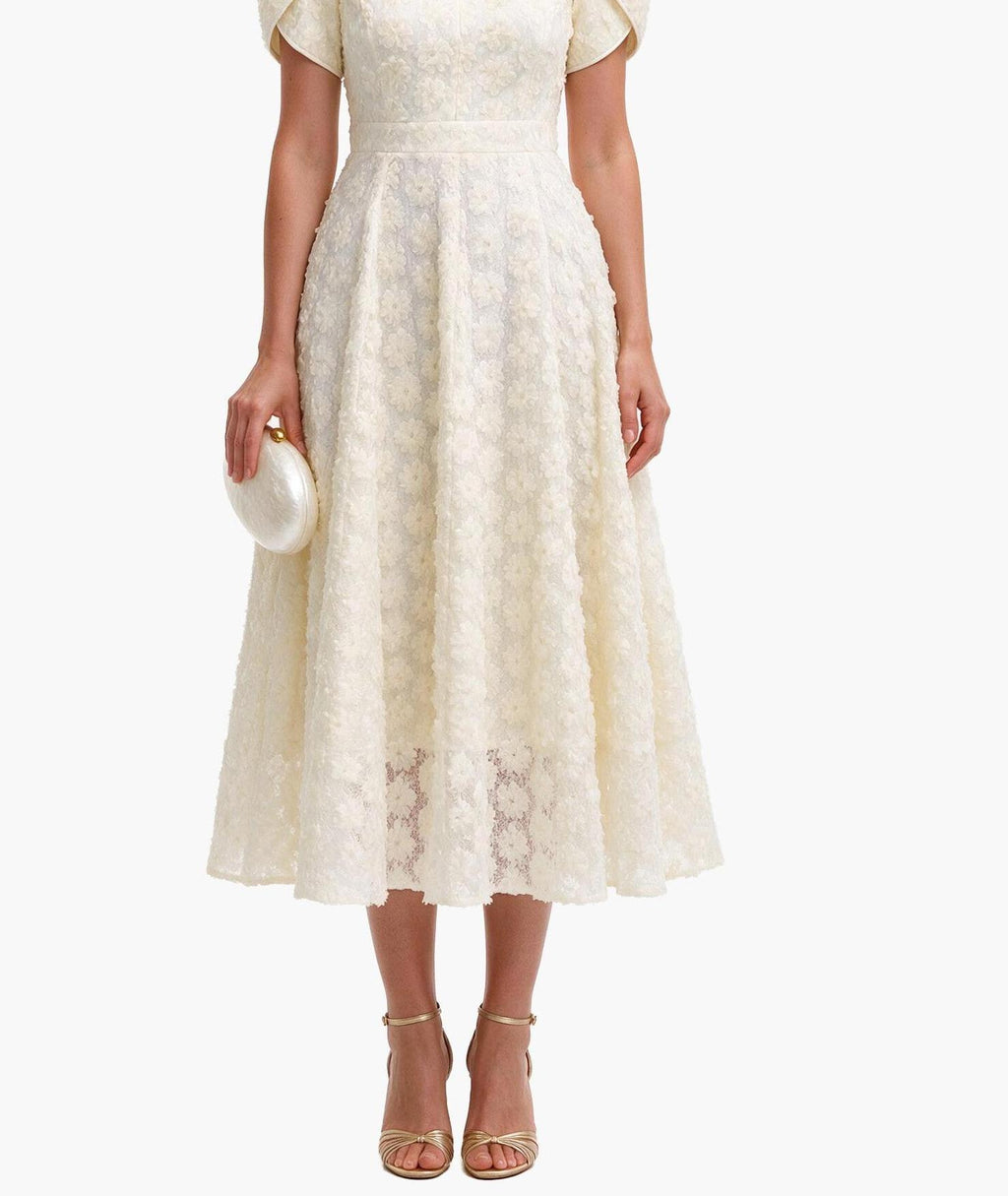Cream White Floral Lace V-Neck Puff Sleeve Midi Dress