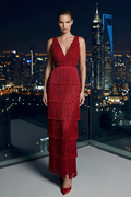 Lace Splicing Bandage V-Neck Tassel Midi Dress