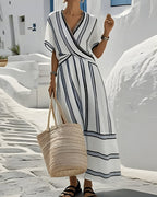 Vertical Stripe Tie-Waist Maxi Dress
