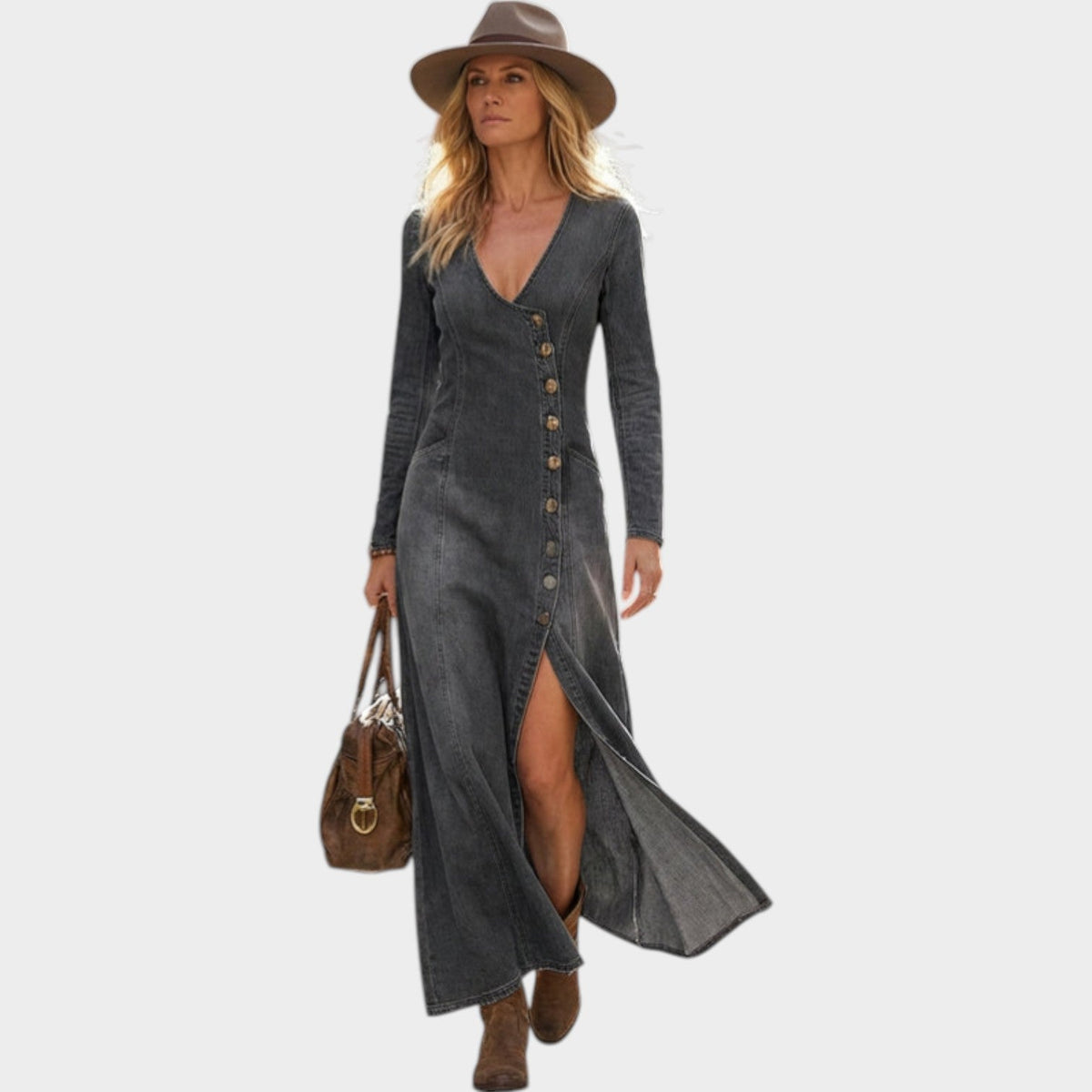 Imani | Denim Maxi Dress, Asymmetrical Button-Down