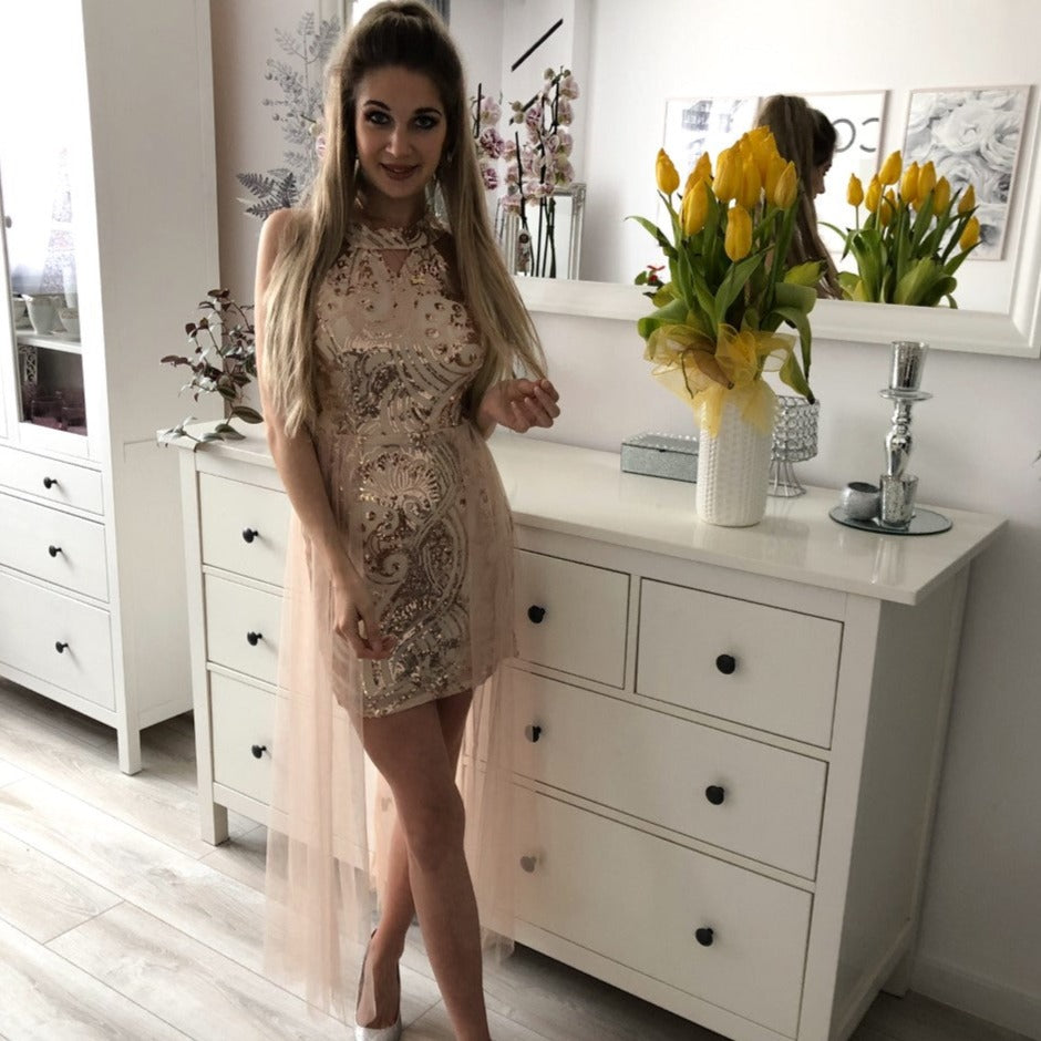 Off-the-shoulder Sequined Mesh Dress