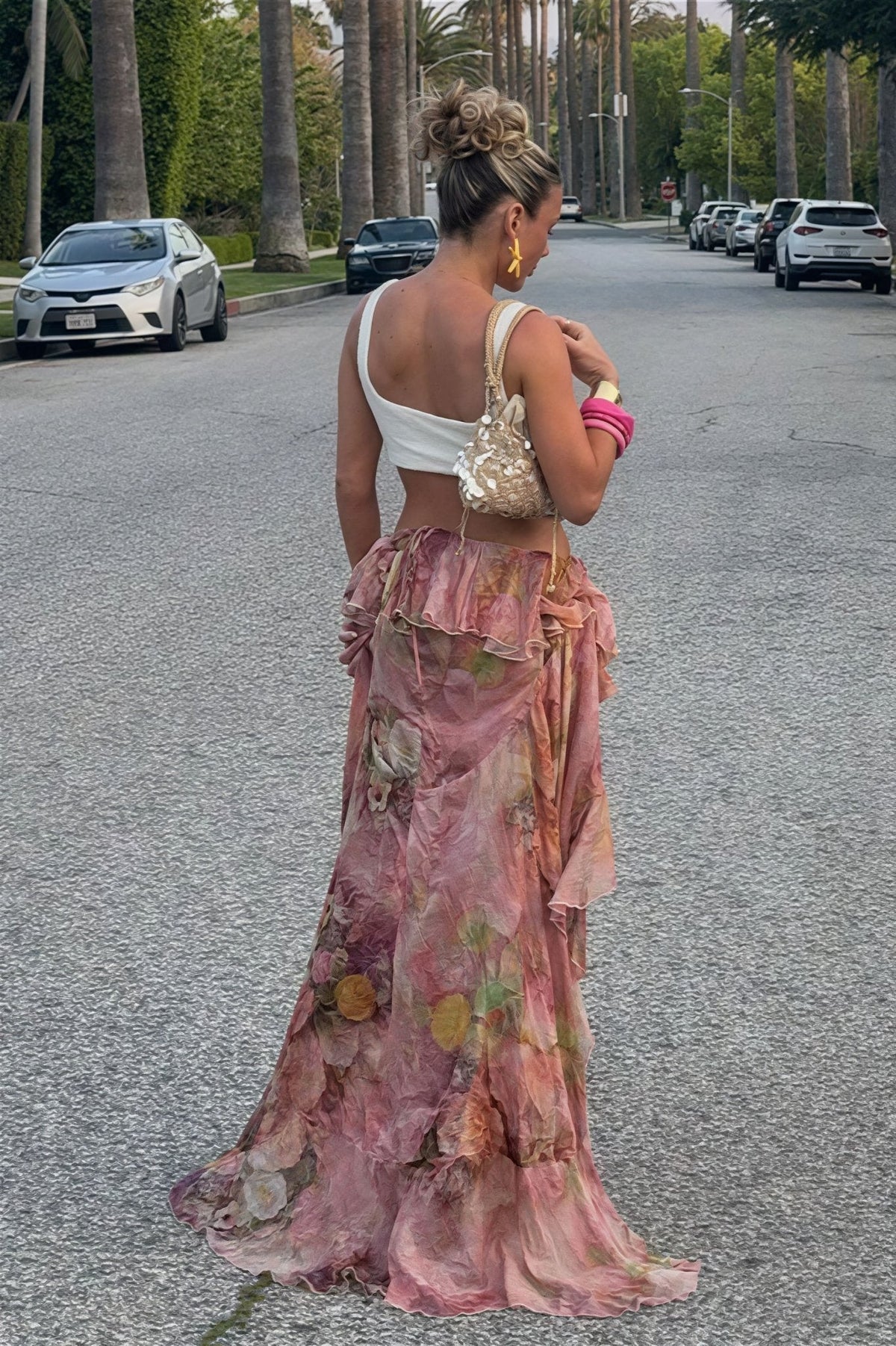 Amarante Floral Ruffled Asymmetrical Skirt