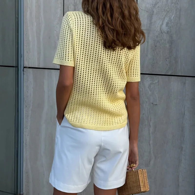 Amber Hollow Out Knit Polo Blouse