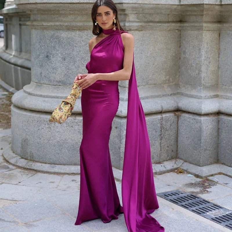 Aneta Satin Halter Cape Dress