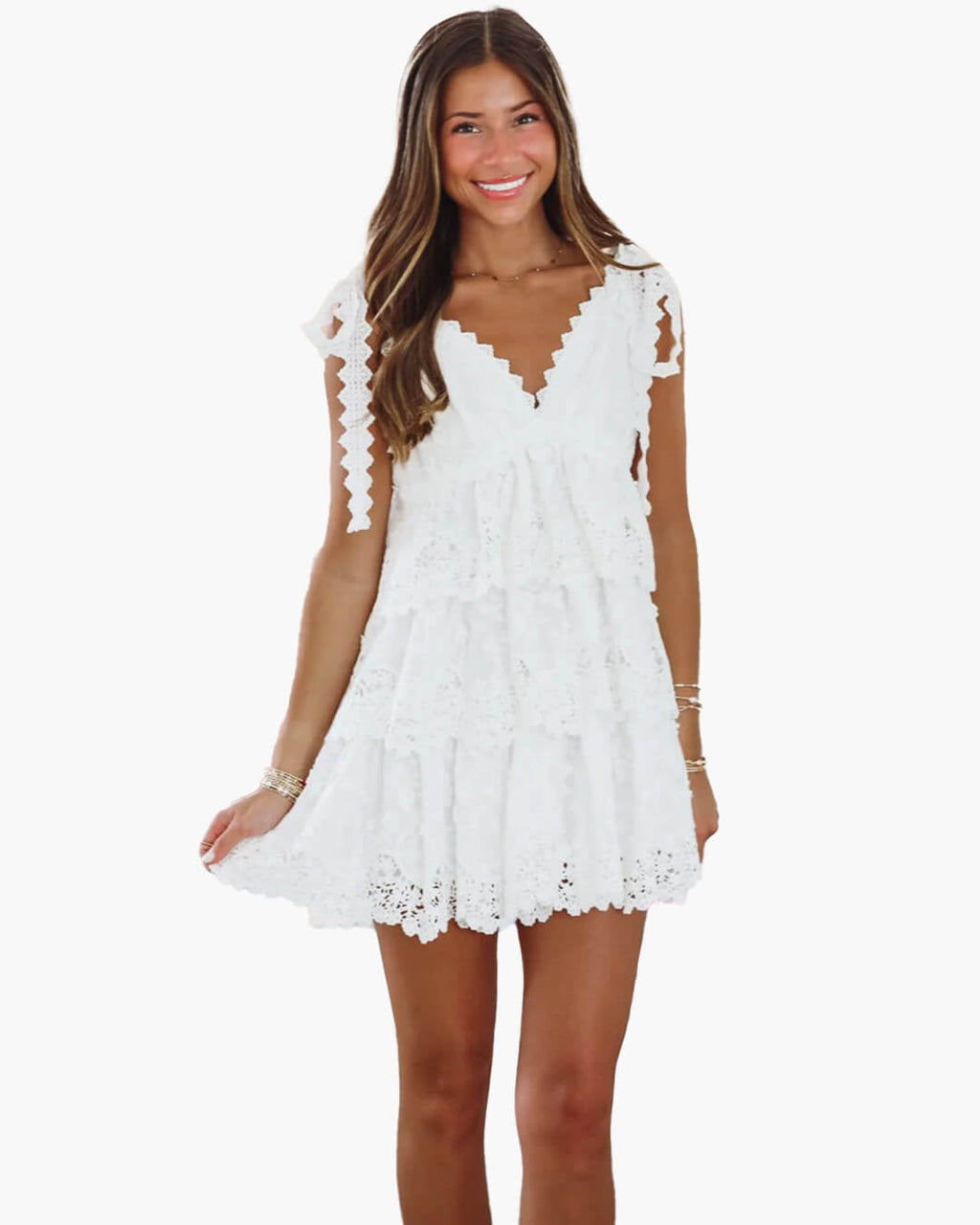 Arianna V-Neck Tiered Lace Mini Dress